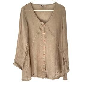 Flax Brown Linen Cotton Button Down Tunic Top Blouse size P Small